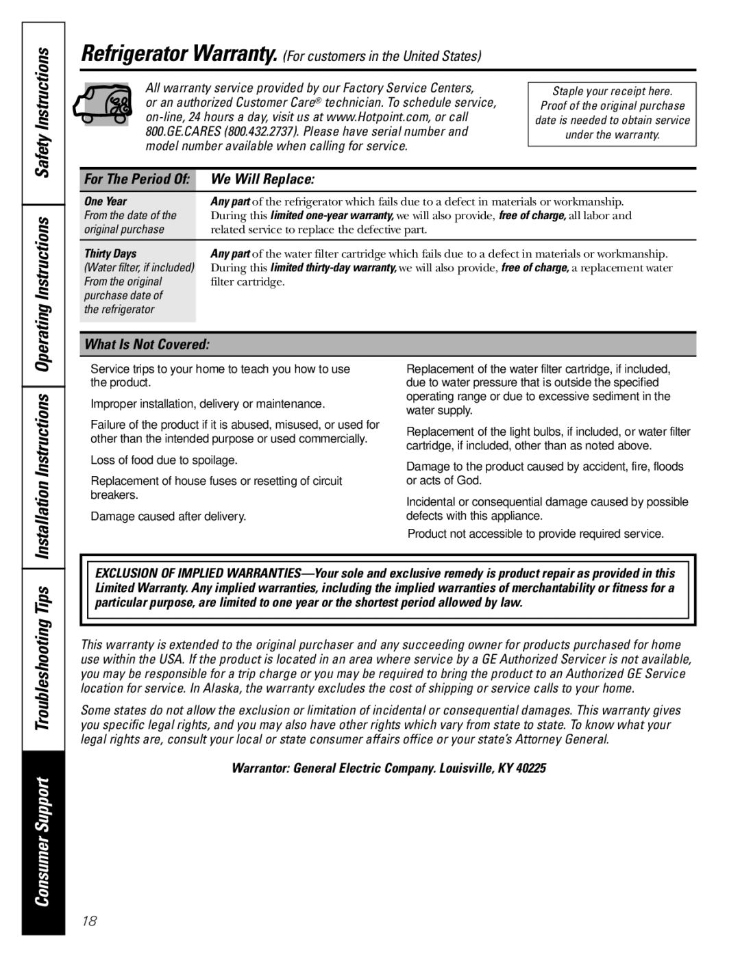 Hotpoint 25, 20, 22 manuel dutilisation Operating Instructions Safety Instructions, We Will Replace, What Is Not Covered 