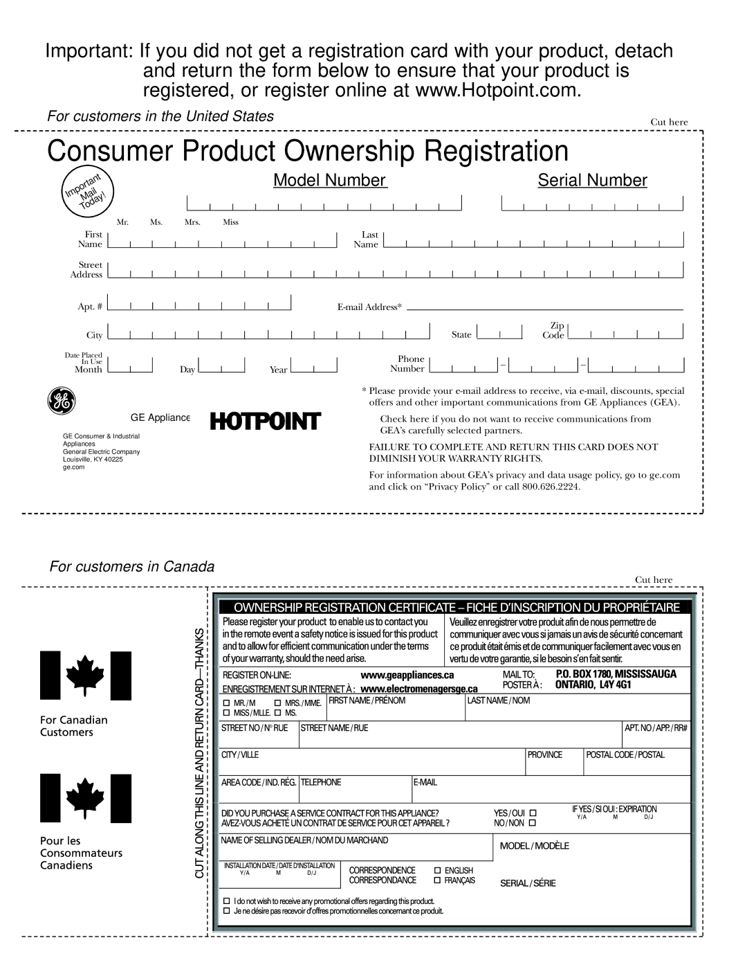 Hotpoint 25, 20, 22 manuel dutilisation For customers in the United States, For customers in Canada 