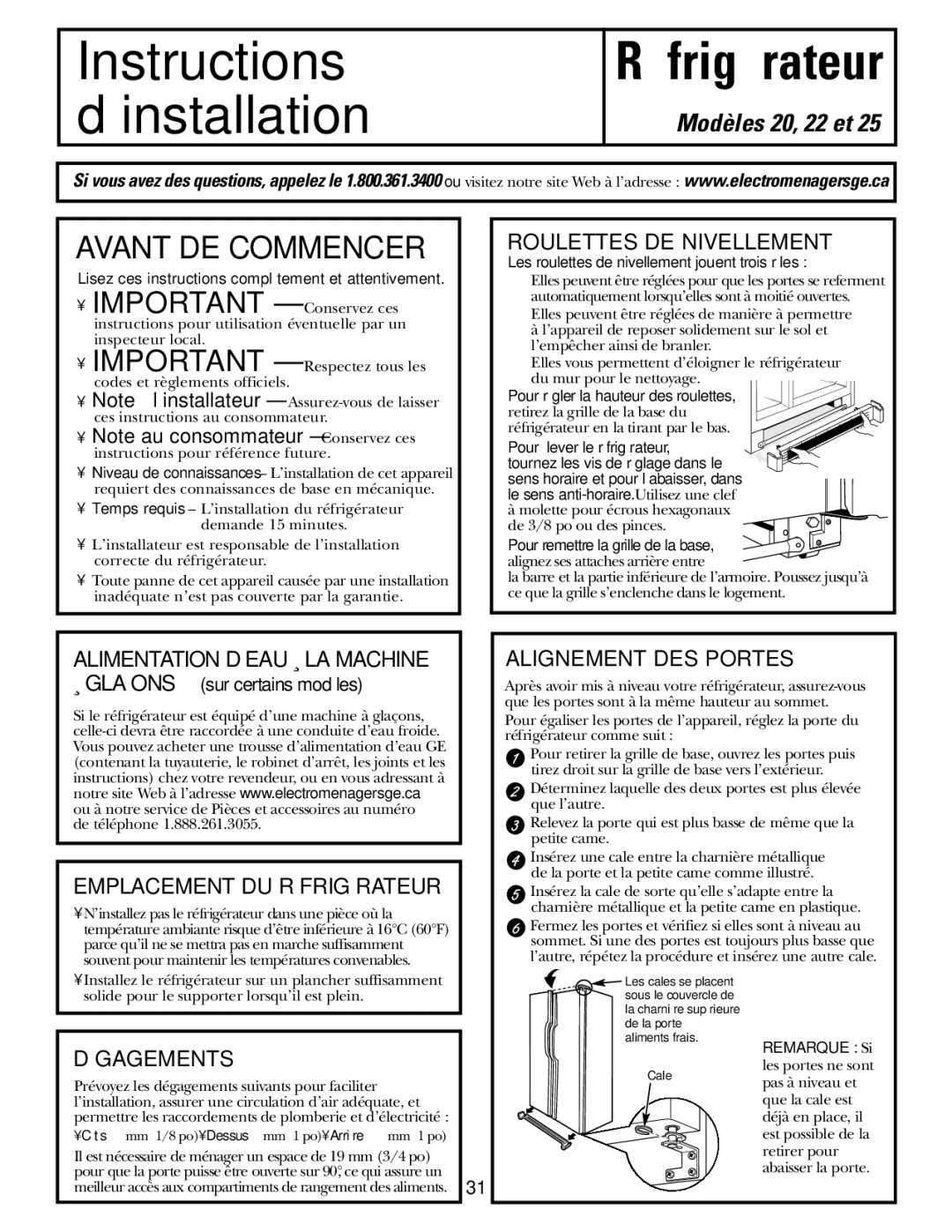 Hotpoint 20 Roulettes DE Nivellement, Alimentation D’EAU À LA Machine, Emplacement DU Réfrigérateur, Alignement DES Portes 