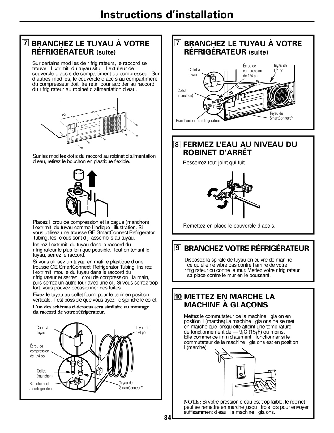 Hotpoint 20, 25, 22 manuel dutilisation Fermez L’EAU AU Niveau DU Robinet D’ARRÊT, Branchez Votre Réfrigérateur, Marche 