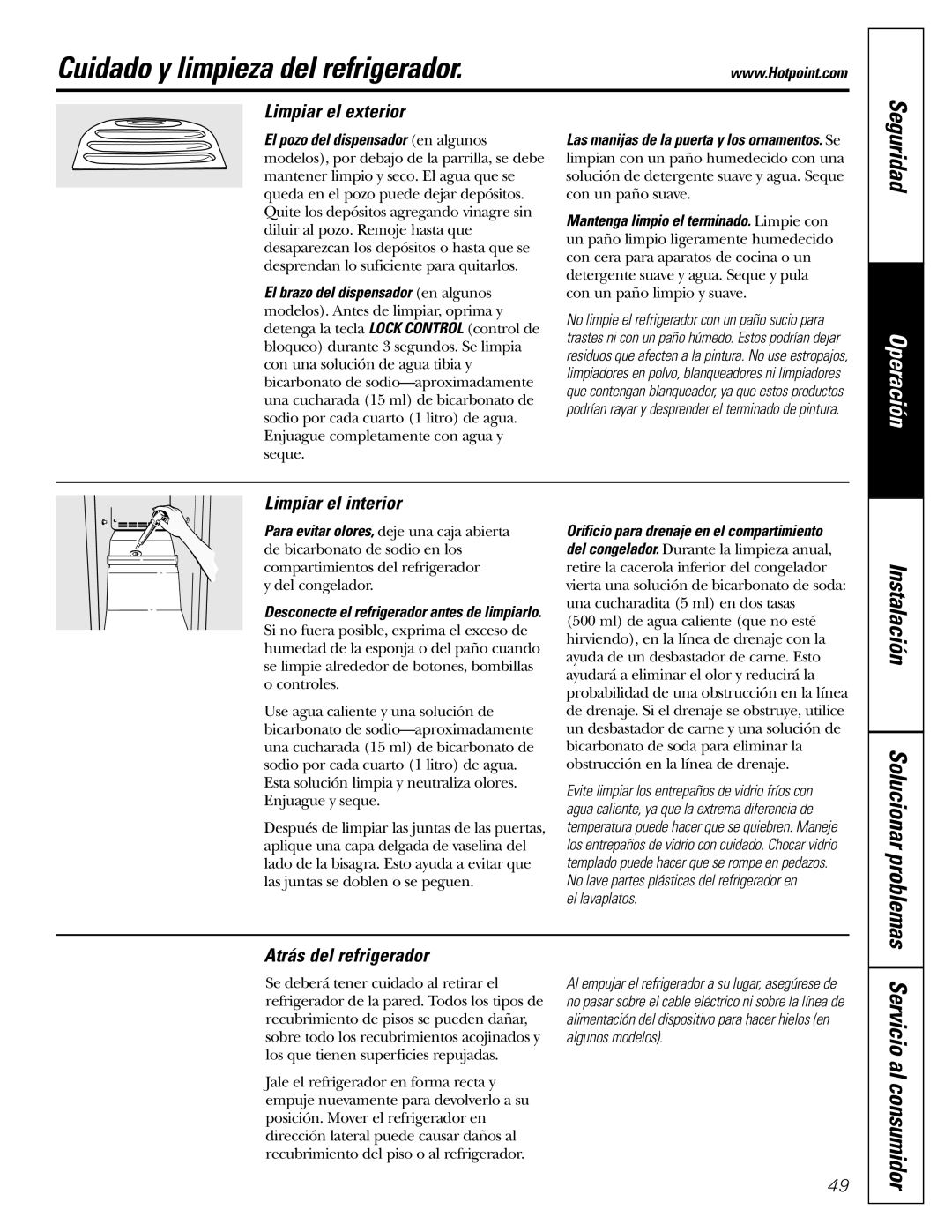 Hotpoint 20, 25, 22 Cuidado y limpieza del refrigerador, Limpiar el exterior, Limpiar el interior, Atrás del refrigerador 