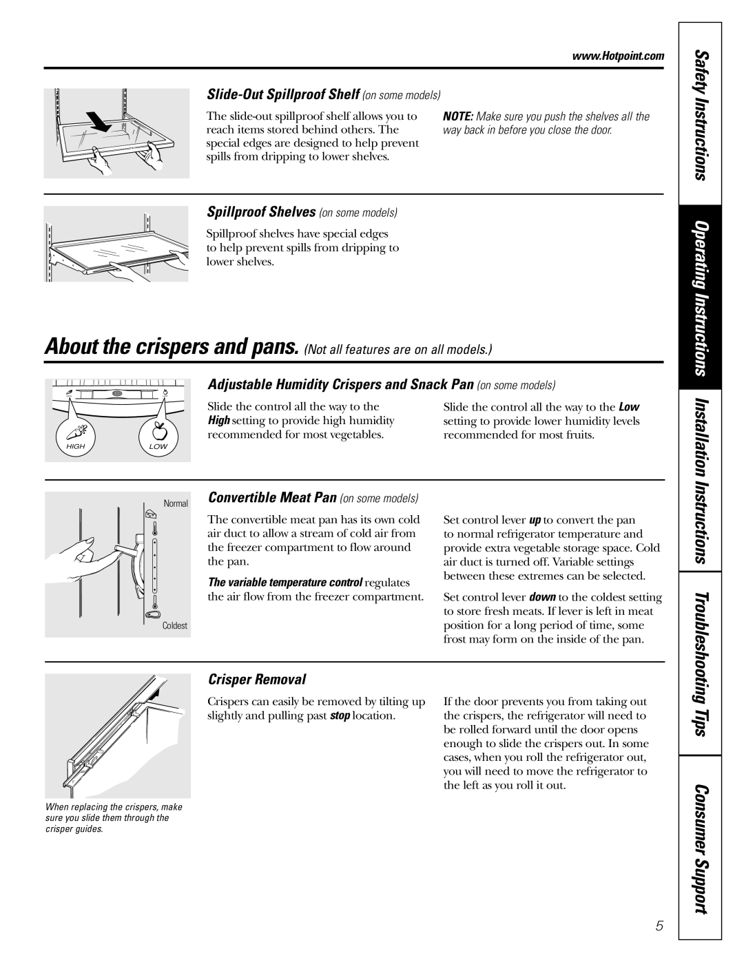 Hotpoint 22, 25, 20 manuel dutilisation Tips Consumer Support, Spillproof Shelves on some models, Crisper Removal 