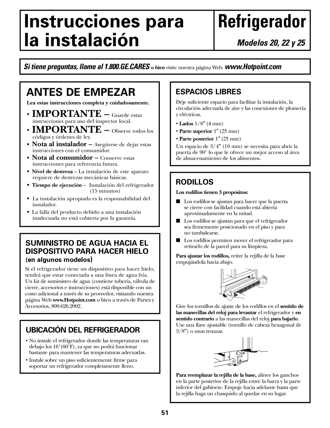 Hotpoint 25, 20, 22 manuel dutilisation Ubicación DEL Refrigerador, Espacios Libres, Rodillos 