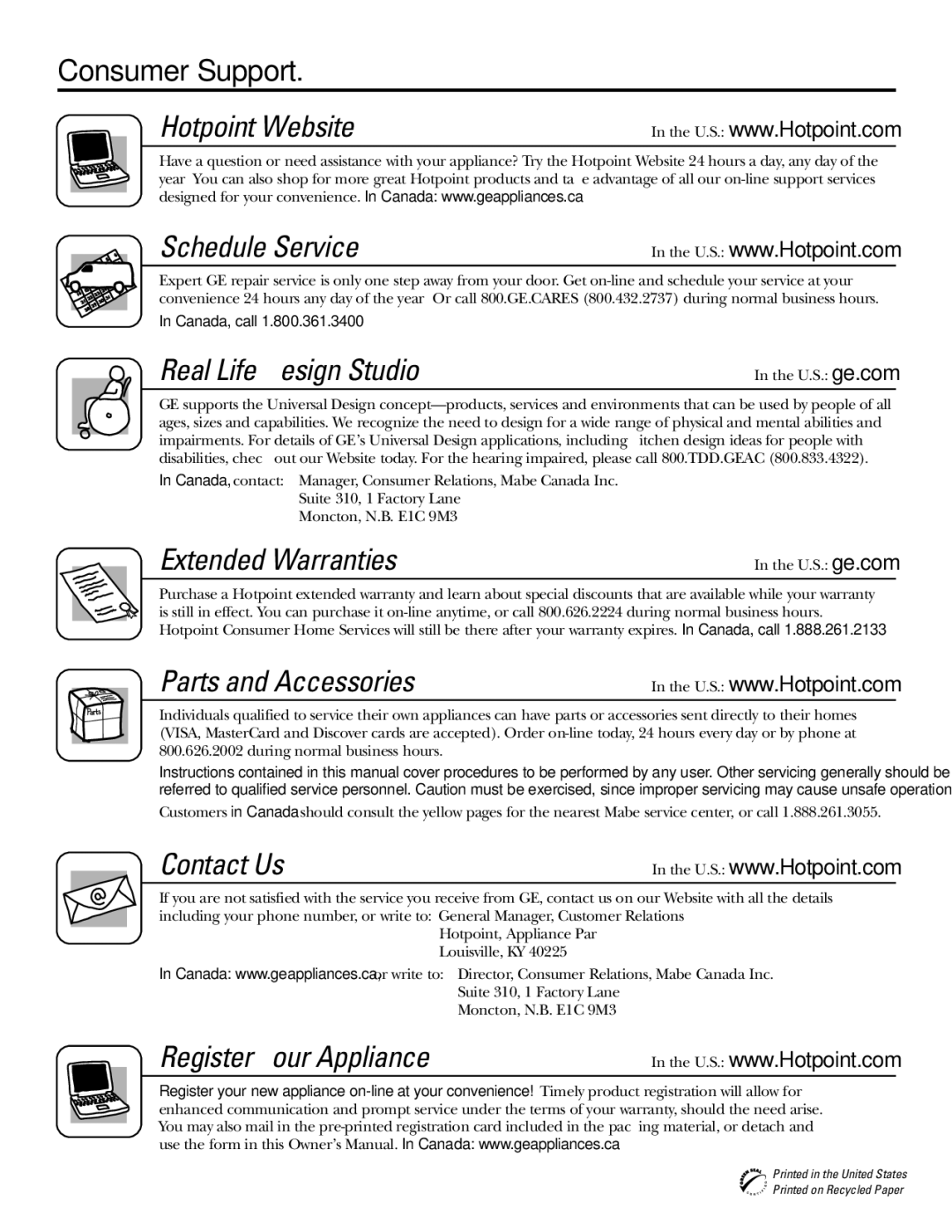 Hotpoint 20, 25, 22 manuel dutilisation Consumer Support, Hotpoint Website Schedule Service 