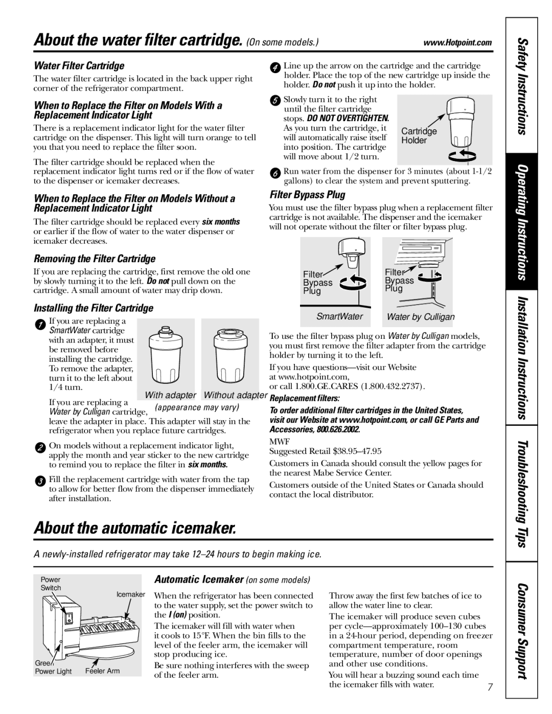 Hotpoint 20, 25, 22 manuel dutilisation About the water filter cartridge. On some models, About the automatic icemaker, Tips 