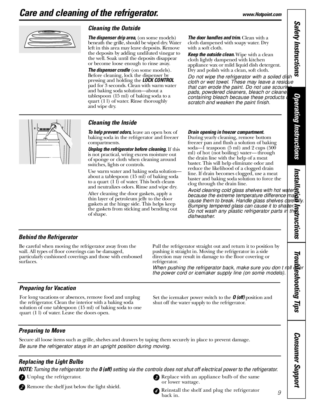 Hotpoint 25, 20, 22 manuel dutilisation Care and cleaning of the refrigerator 