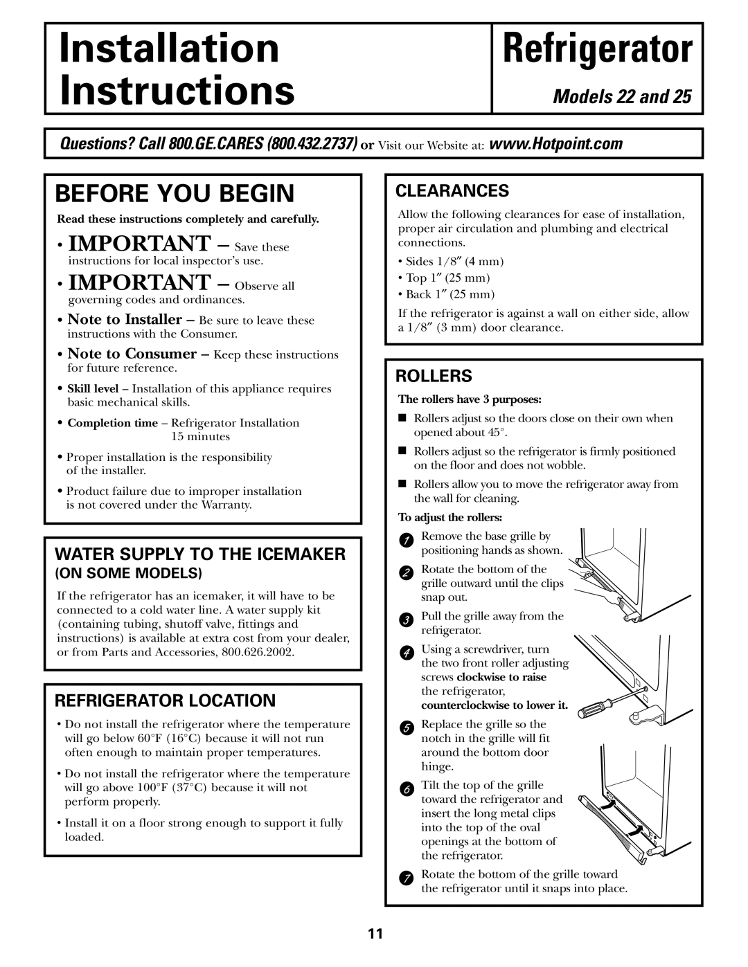 Hotpoint 22, 25 owner manual Water Supply to the Icemaker, Refrigerator Location, Clearances, Rollers 