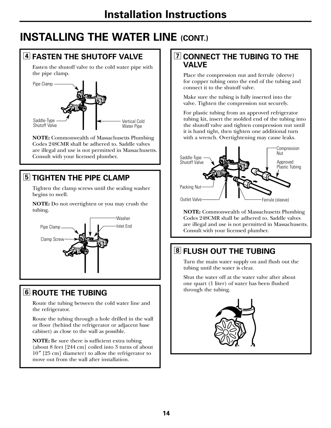 Hotpoint 25, 22 Fasten the Shutoff Valve, Connect the Tubing to the Valve, Tighten the Pipe Clamp, Route the Tubing 