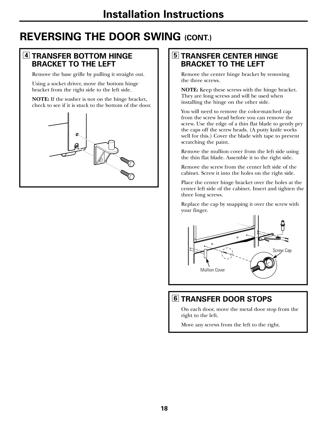 Hotpoint 25, 22 owner manual Transfer Door Stops, Transfer Bottom Hinge Bracket to the Left 