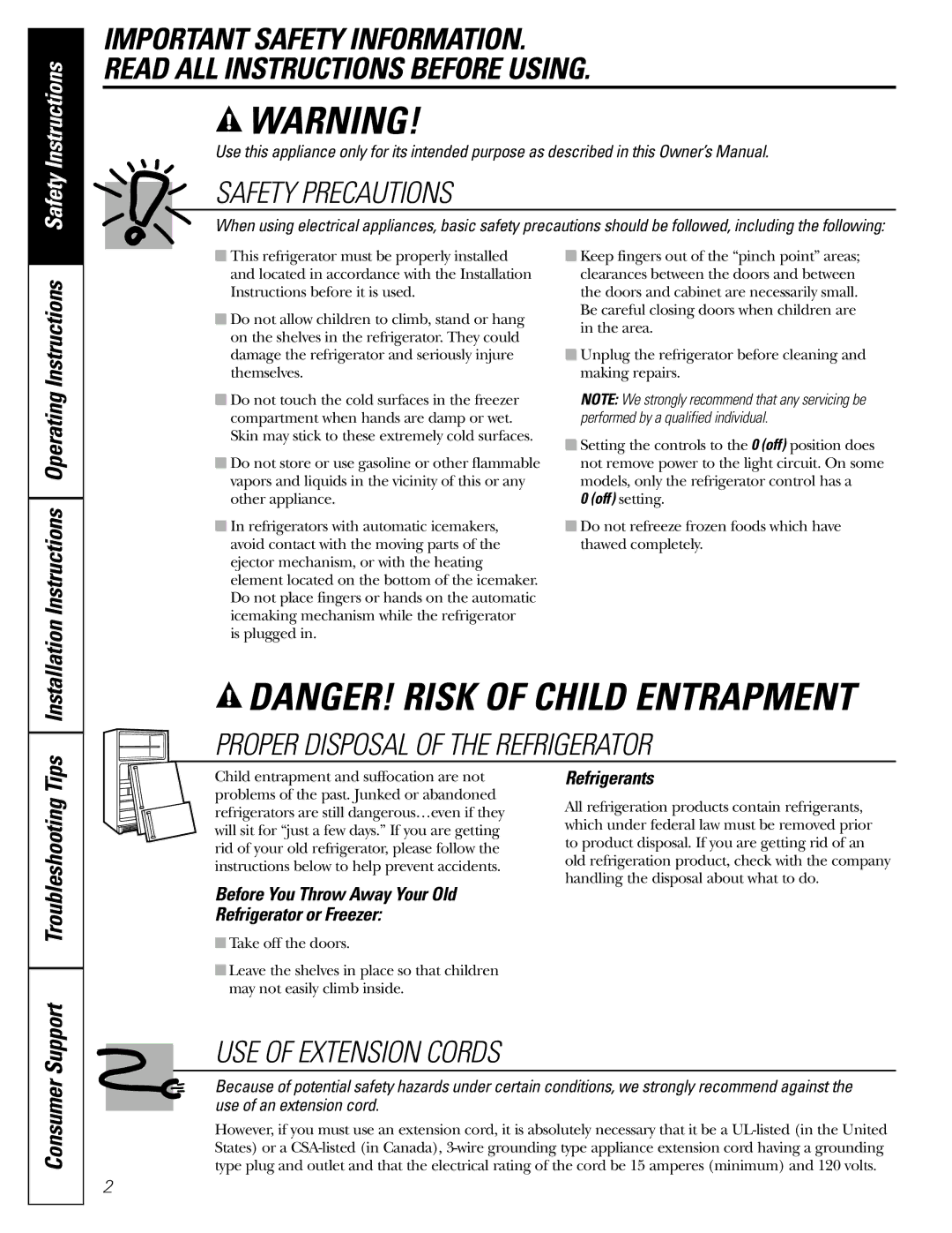 Hotpoint 25, 22 owner manual Refrigerants, Off setting 