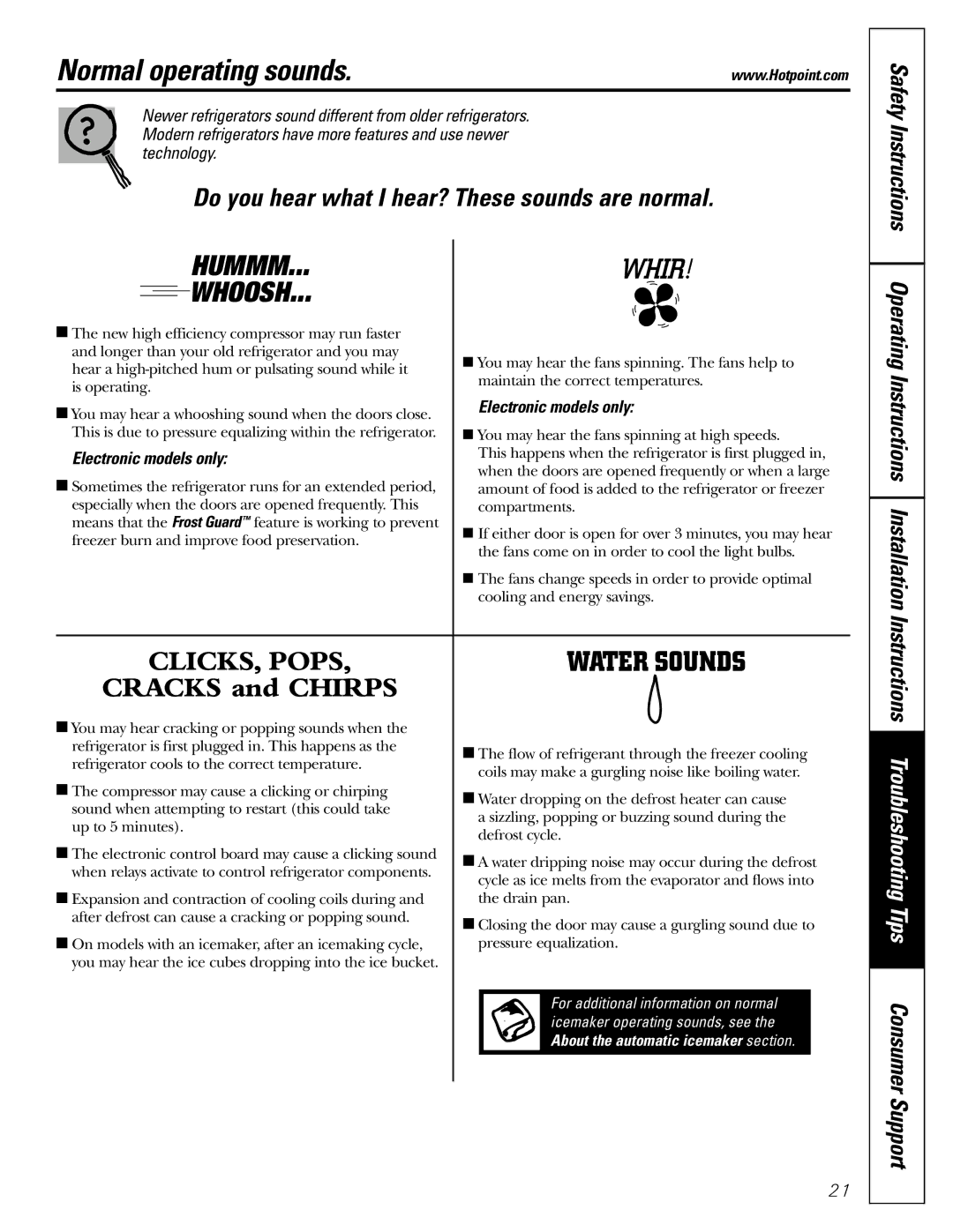 Hotpoint 22, 25 owner manual Normal operating sounds, Hummm 