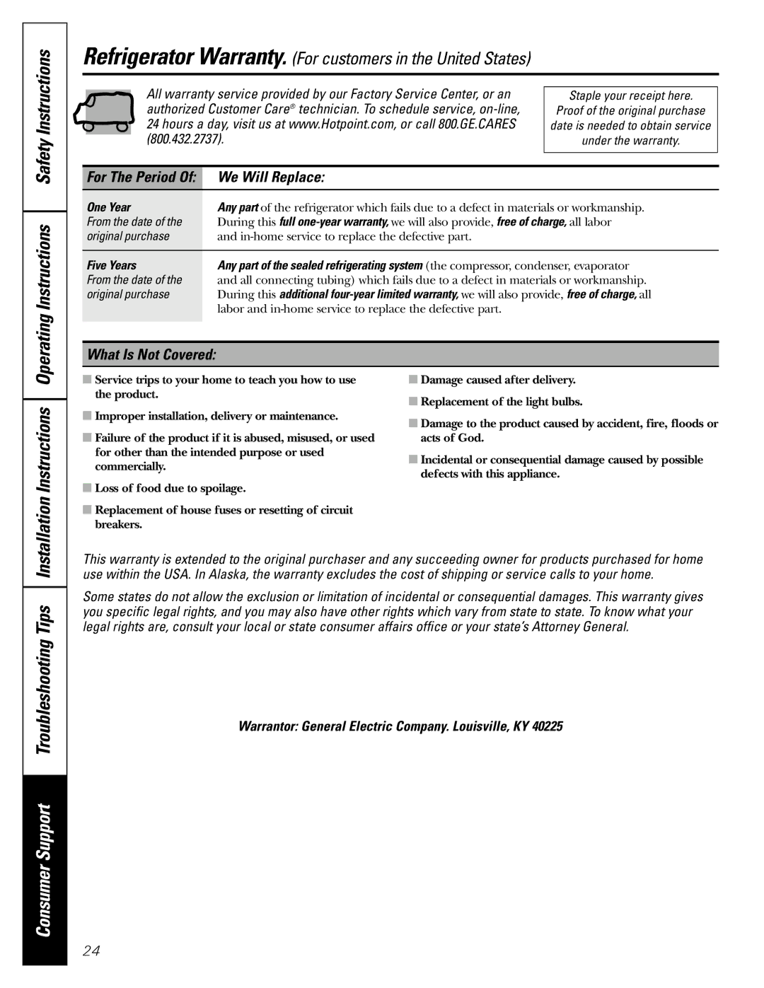 Hotpoint 25, 22 owner manual We Will Replace, What Is Not Covered, One Year 