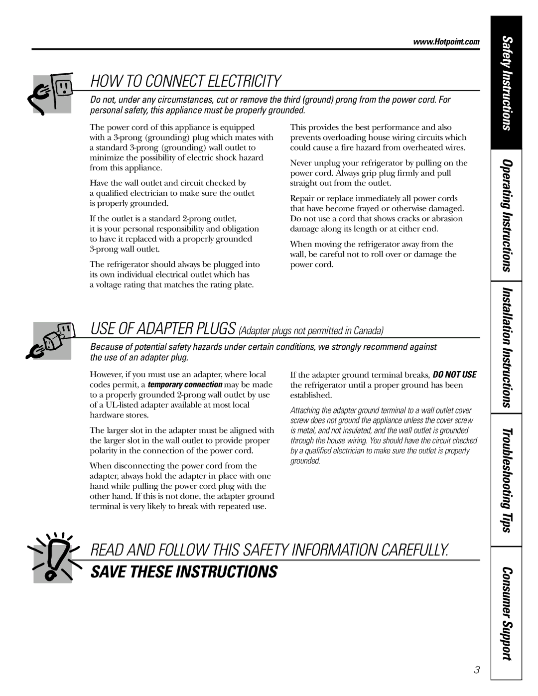 Hotpoint 22, 25 owner manual HOW to Connect Electricity, Instructions Troubleshooting Tips 