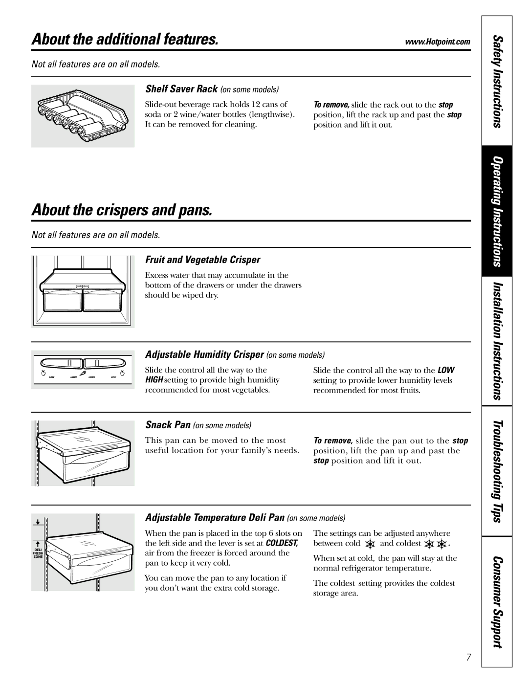 Hotpoint 22, 25 owner manual About the additional features, About the crispers and pans 