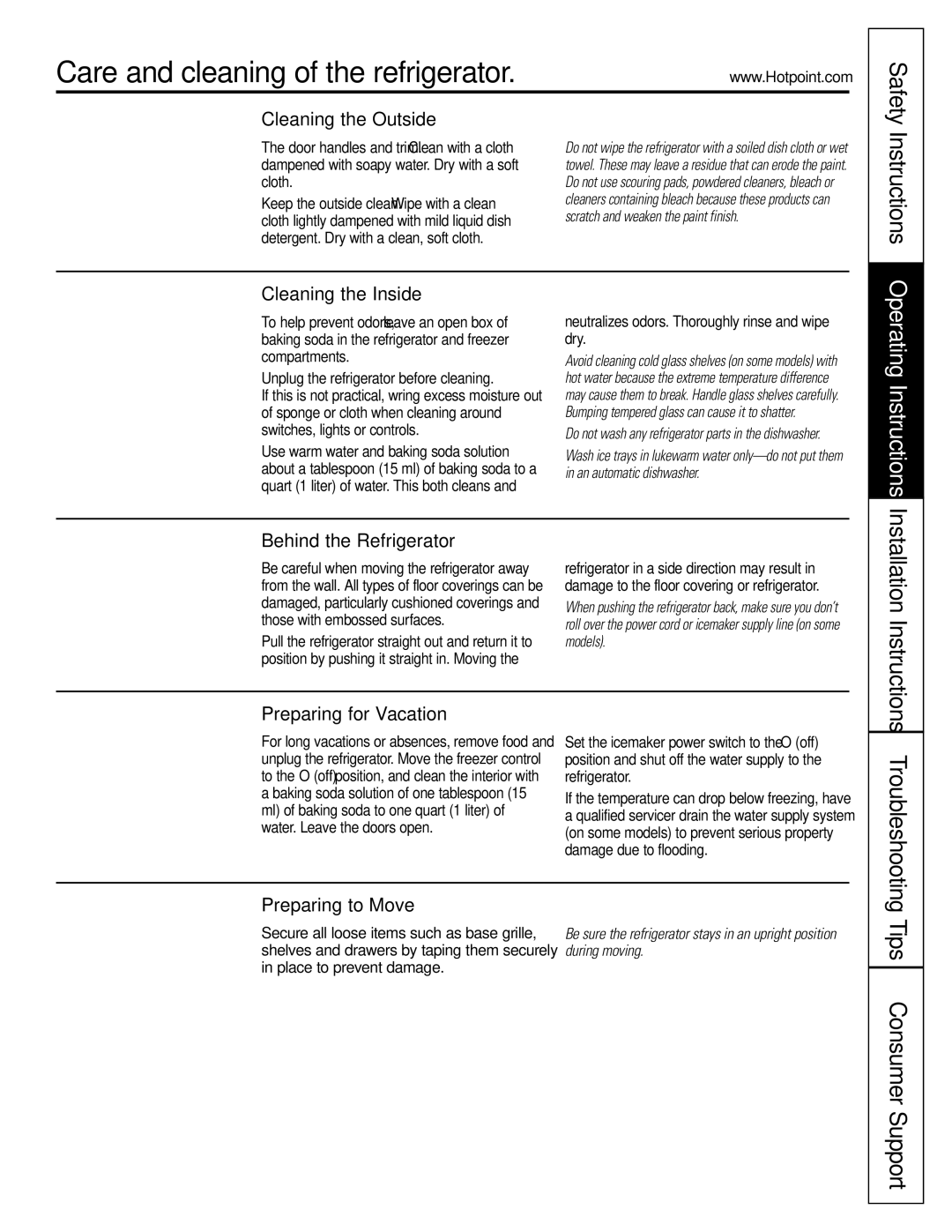 Hotpoint 22, 25 owner manual Care and cleaning of the refrigerator 