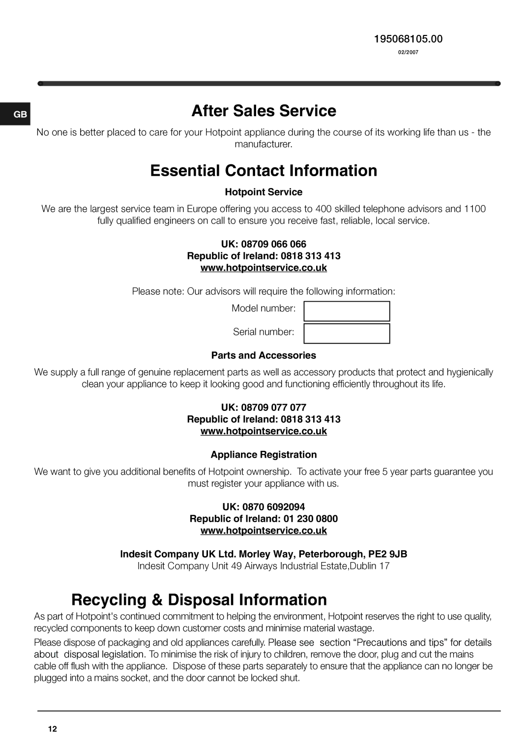 Hotpoint 4DX, 4DB manual After Sales Service 