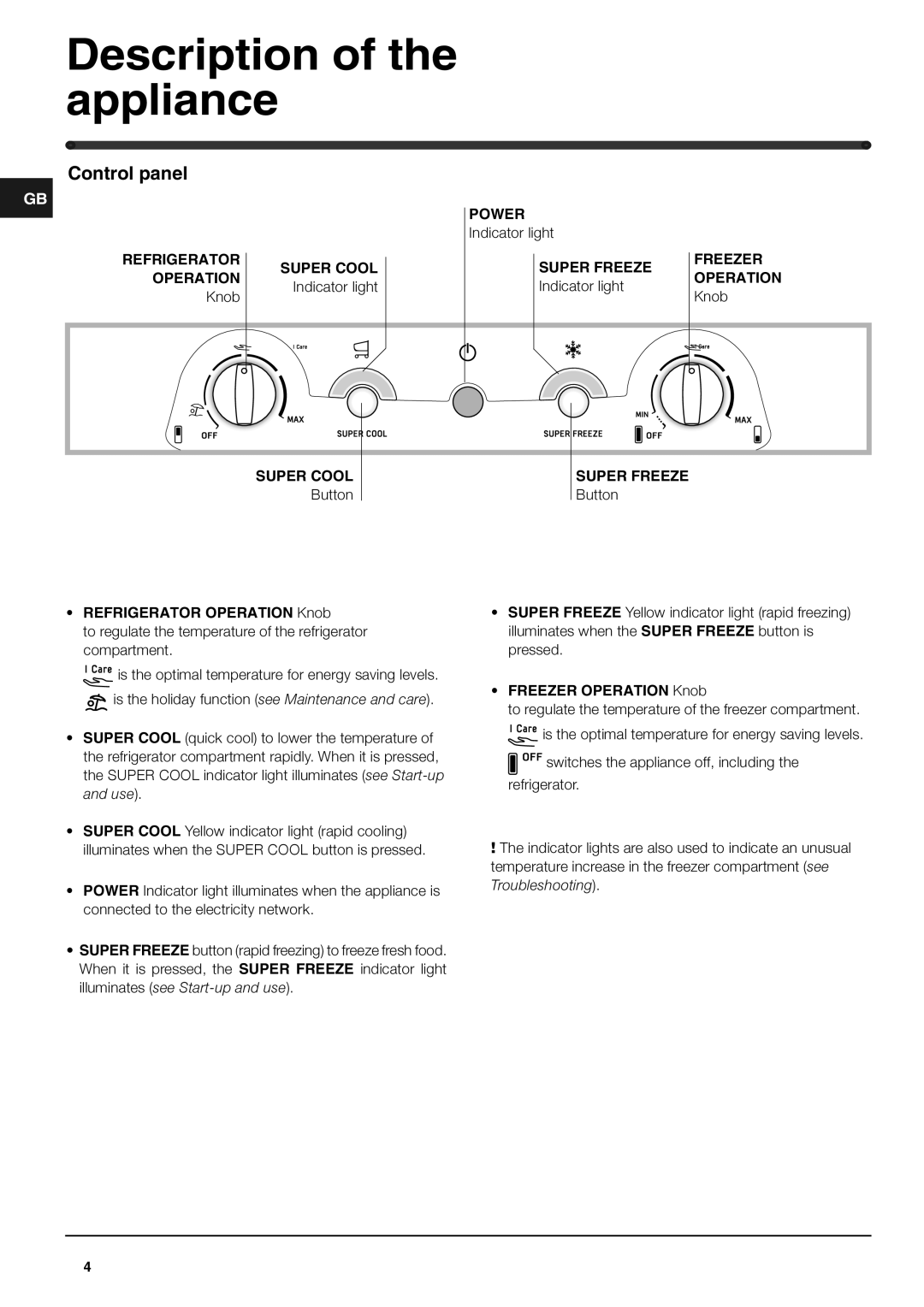 Hotpoint 4DX, 4DB manual Description of the appliance, Control panel 