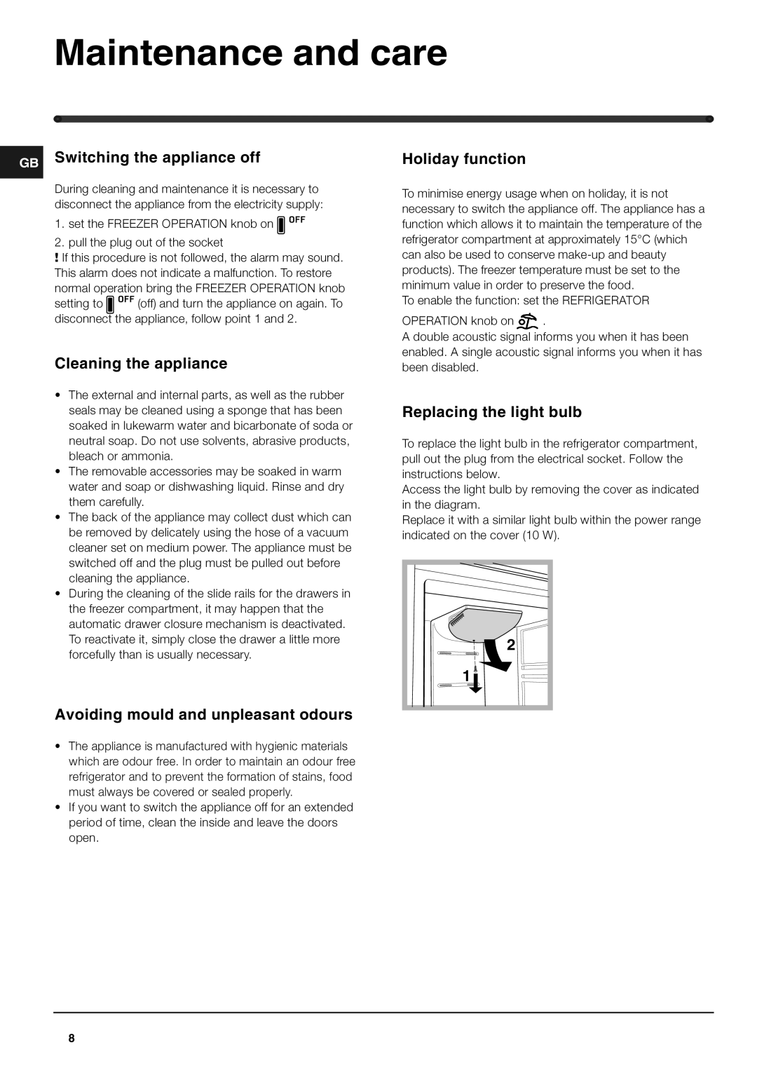 Hotpoint 4DX, 4DB manual Maintenance and care 