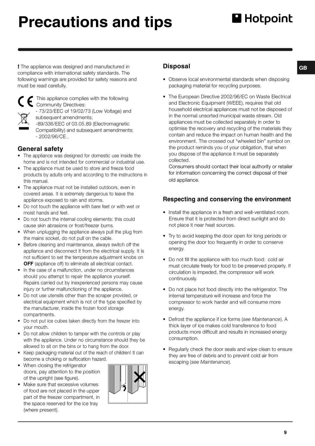 Hotpoint 4DB, 4DX manual Precautions and tips, General safety, Respecting and conserving the environment 