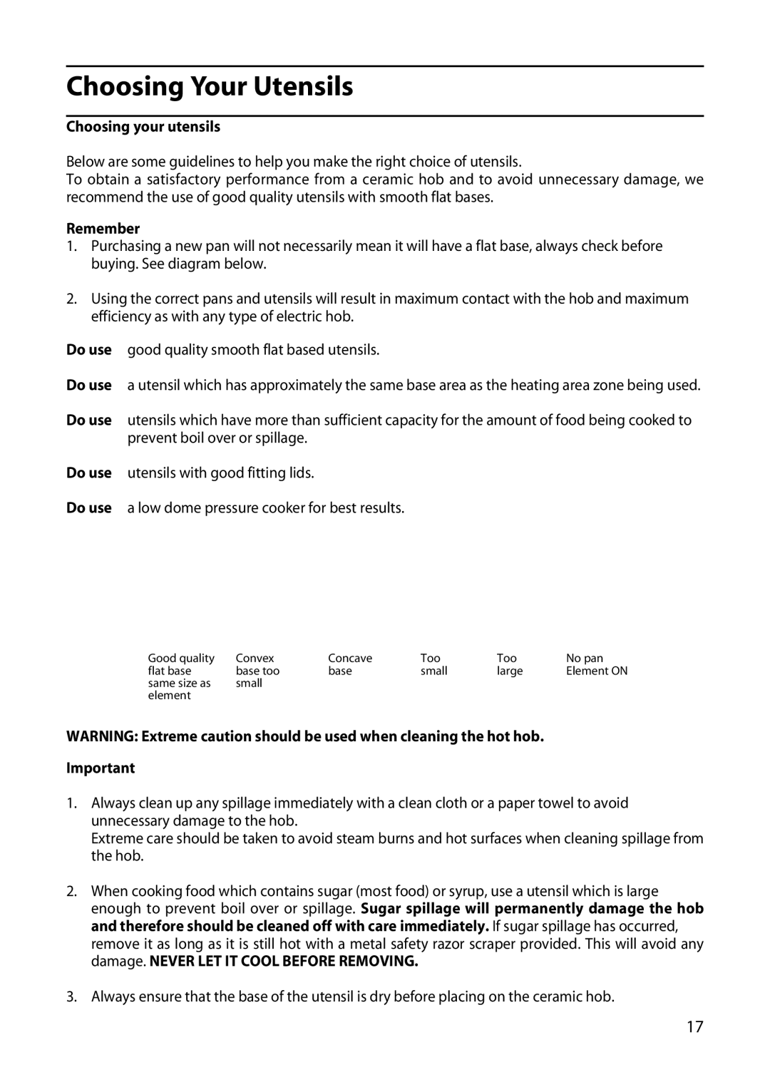 Hotpoint 50cm manual Choosing Your Utensils, Choosing your utensils, Remember 