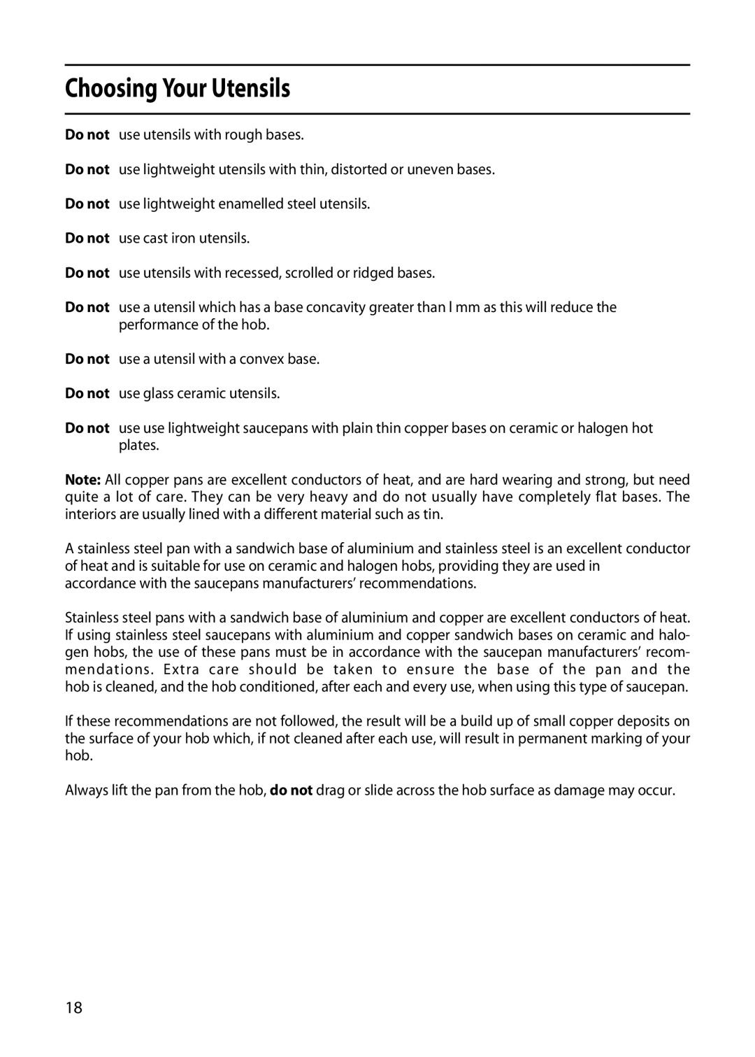 Hotpoint 50cm manual Choosing Your Utensils 