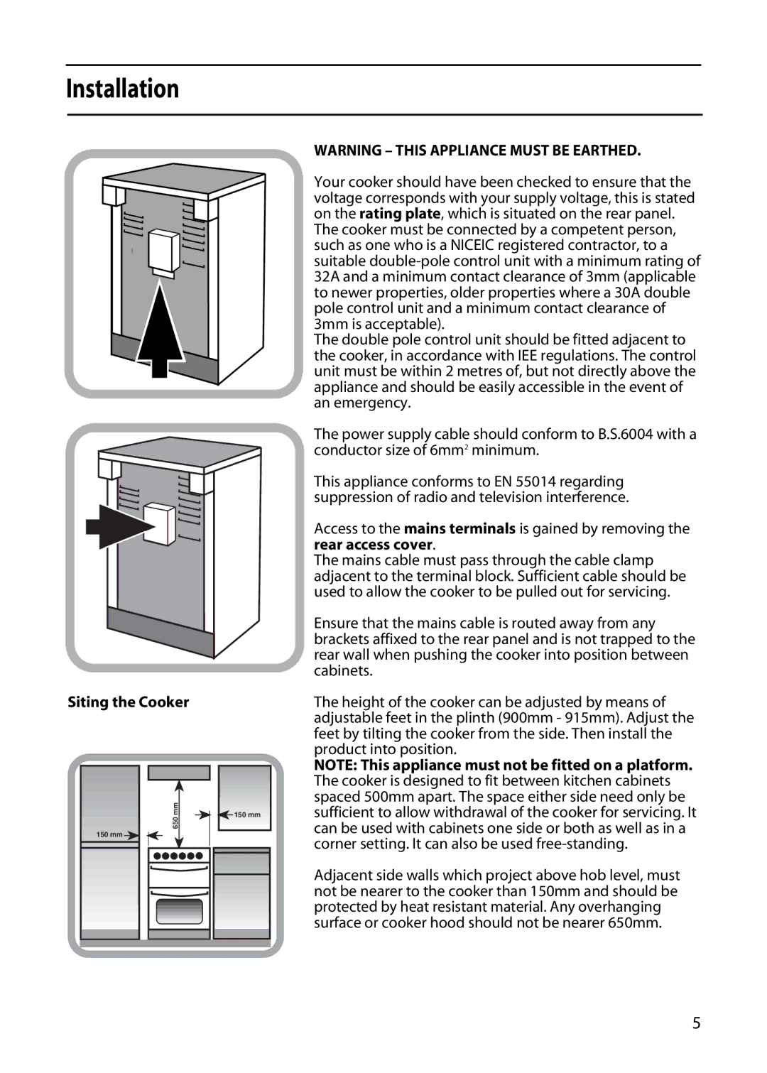 Hotpoint 50cm manual Installation, Siting the Cooker 