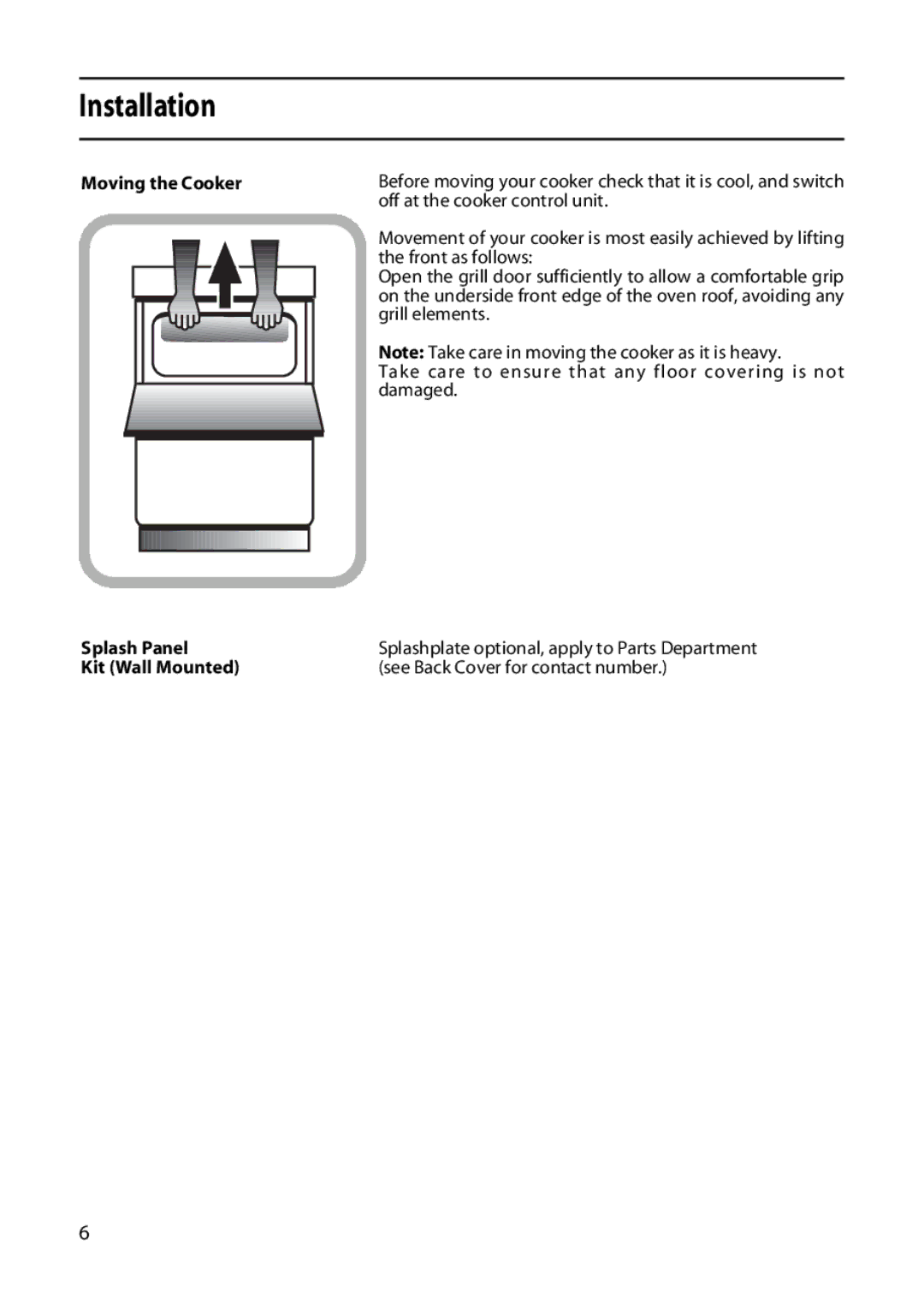 Hotpoint 50cm manual Moving the Cooker Splash Panel Kit Wall Mounted 