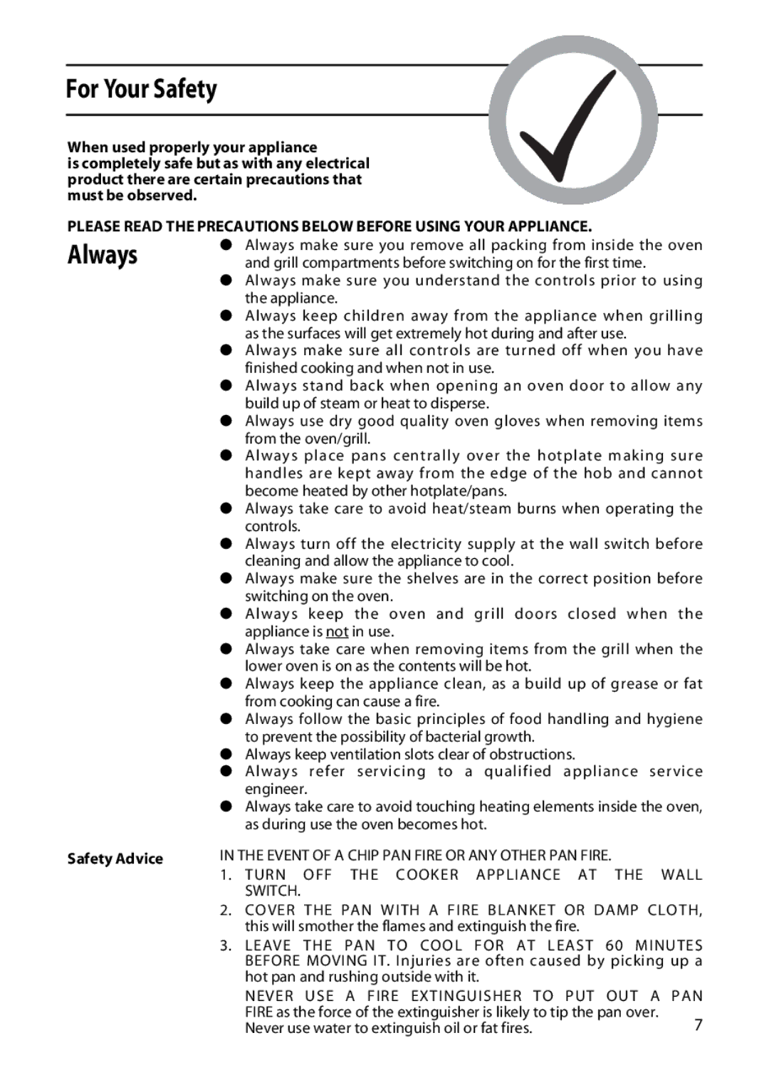 Hotpoint 50cm manual For Your Safety, Always, Safety Advice 