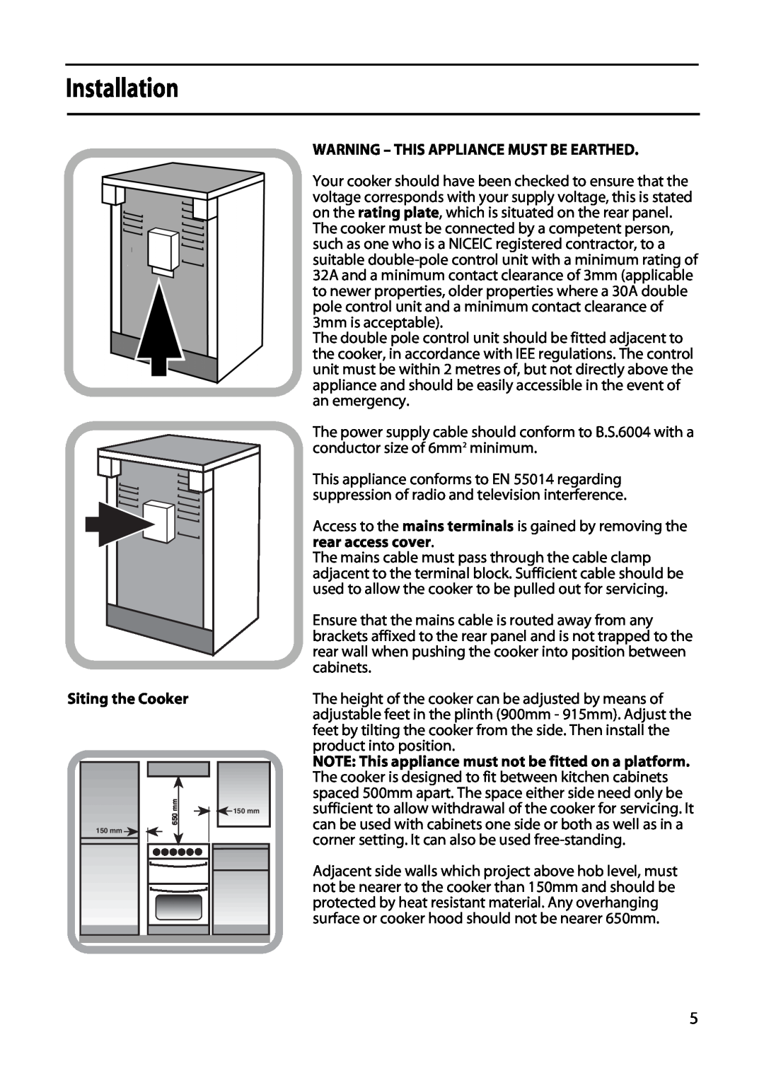 Hotpoint 50cm manual Installation, Siting the Cooker, Warning - This Appliance Must Be Earthed 