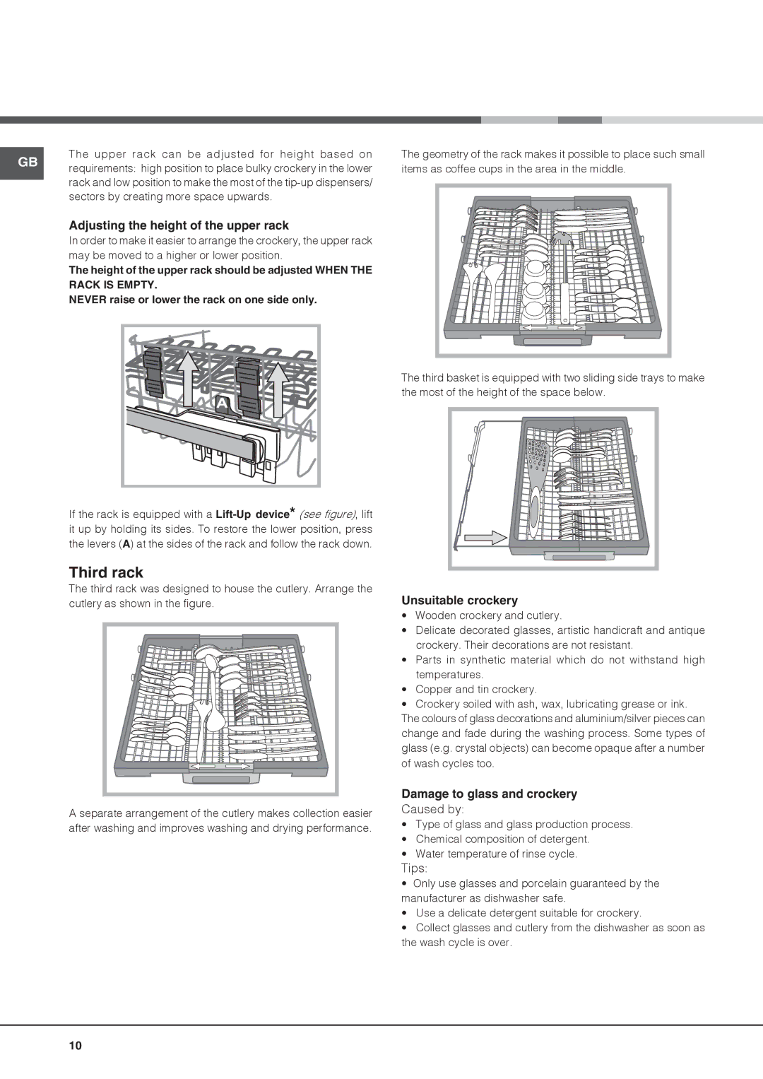 Hotpoint 51110 manual Third rack, Adjusting the height of the upper rack, Unsuitable crockery, Damage to glass and crockery 