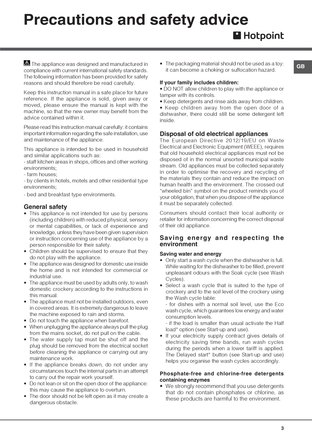 Hotpoint 51110 manual Precautions and safety advice, General safety, Disposal of old electrical appliances 