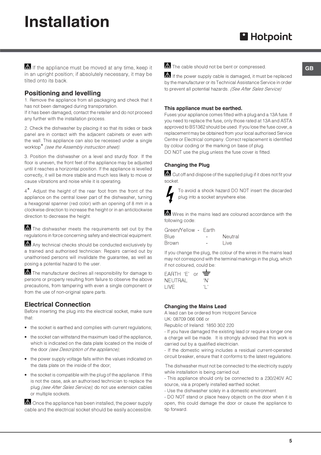 Hotpoint 51110 manual Installation, Positioning and levelling, Electrical Connection 