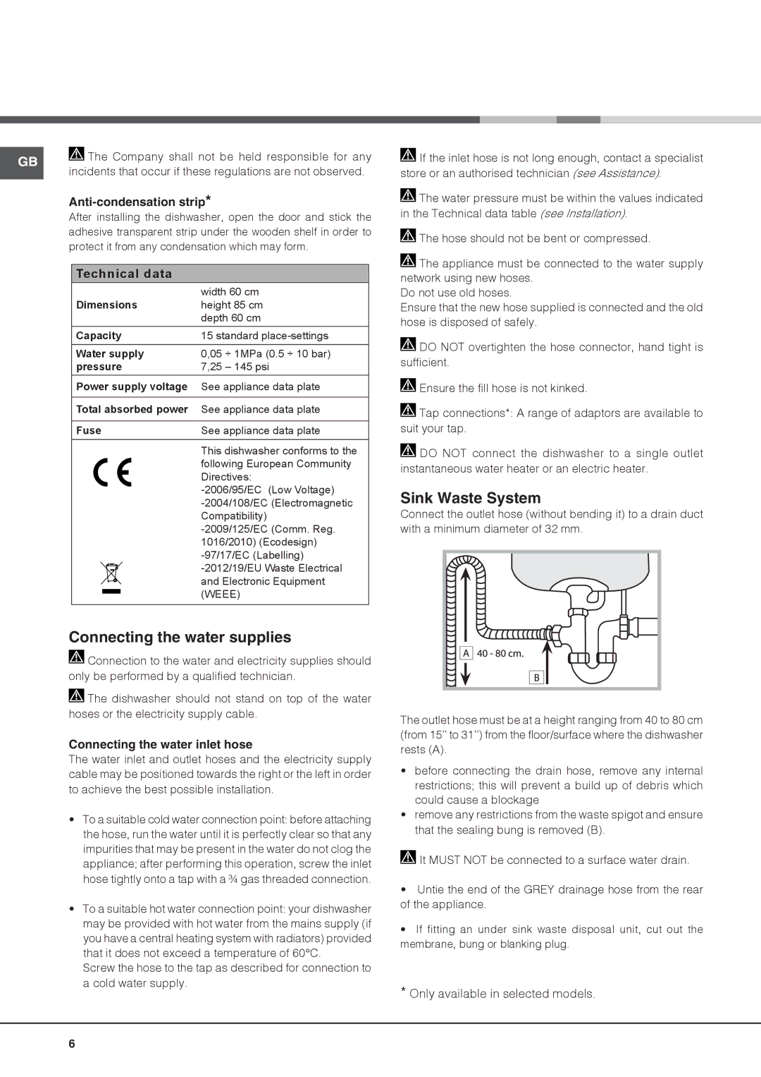 Hotpoint 51110 Connecting the water supplies, Sink Waste System, Anti-condensation strip, Connecting the water inlet hose 