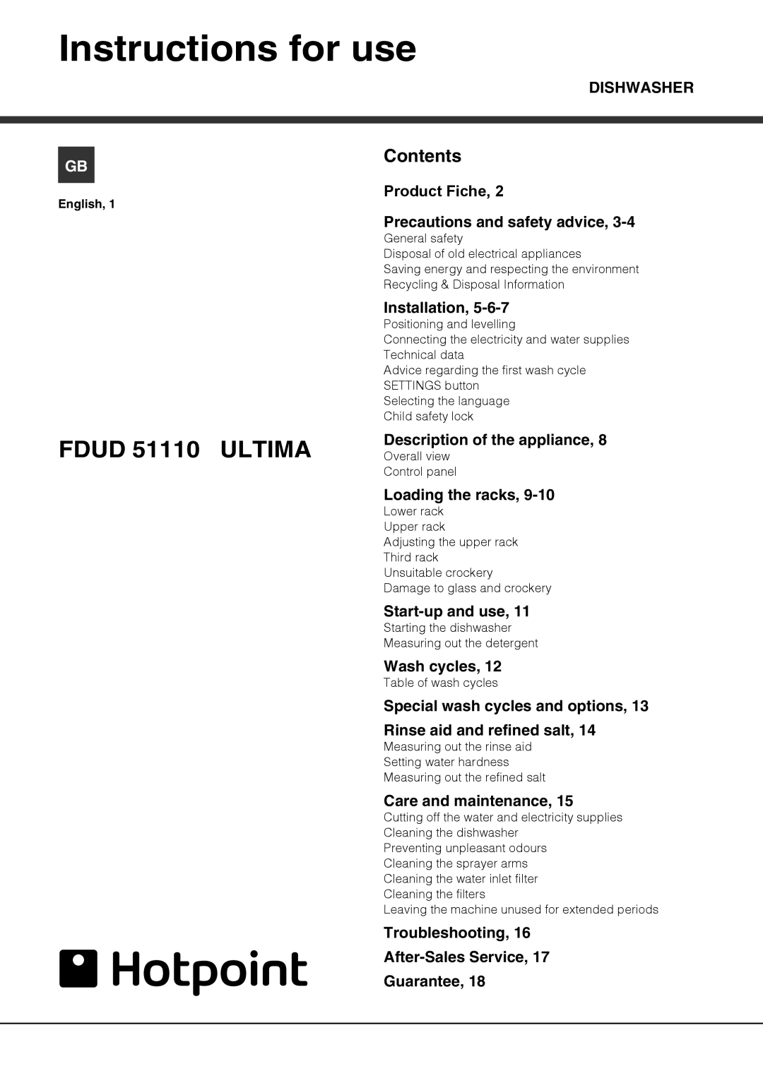 Hotpoint manual Instructions for use, FDUD 51110 ULTIMA, Contents, Product Fiche 