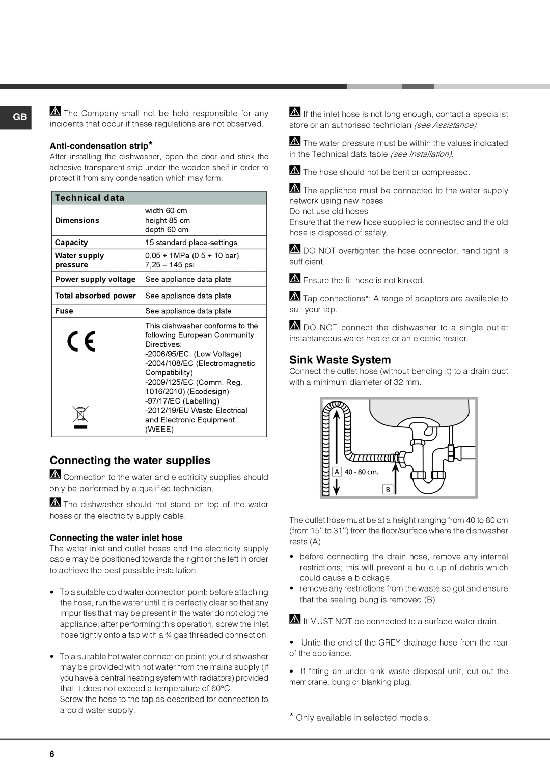 Hotpoint 51110 manual Connecting the water supplies, Sink Waste System, Anti-condensation strip, Technical data 