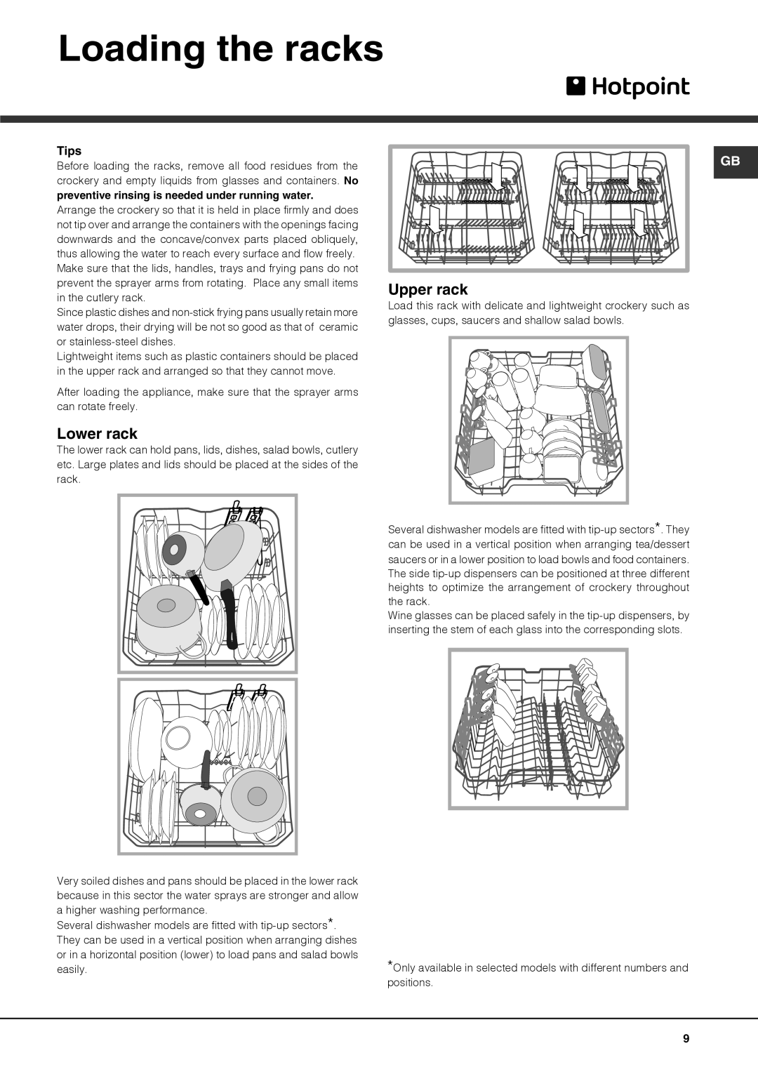 Hotpoint 51110 manual Loading the racks, Lower rack, Upper rack, Tips 