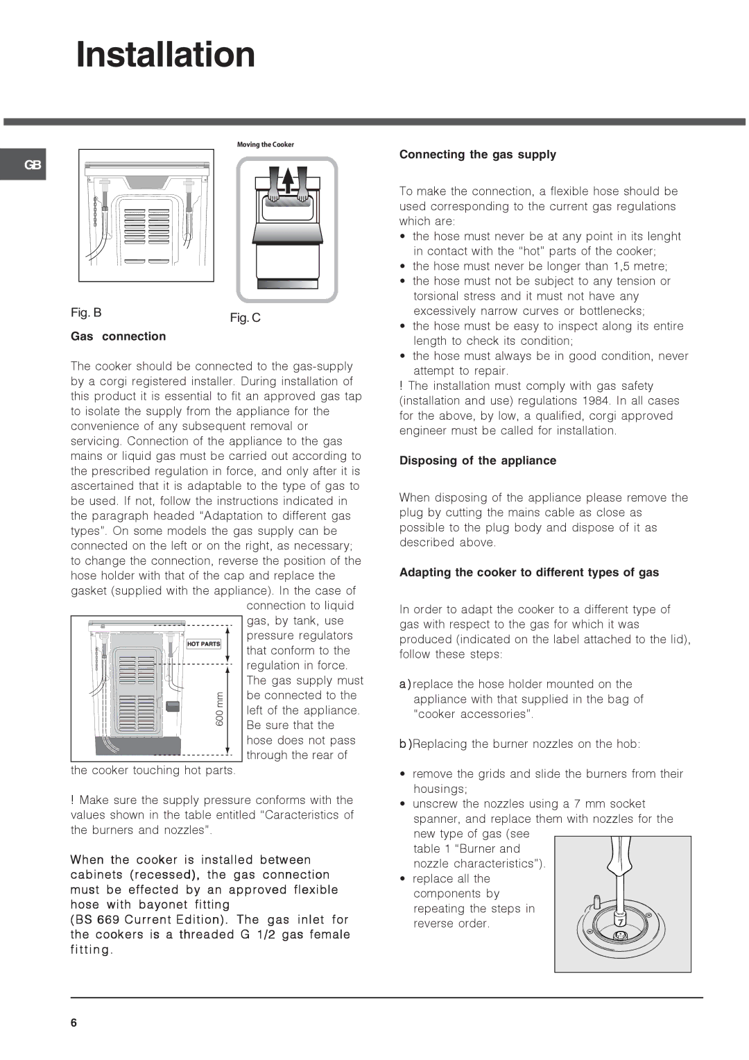 Hotpoint 52TGW Connecting the gas supply, Disposing of the appliance, Adapting the cooker to different types of gas 