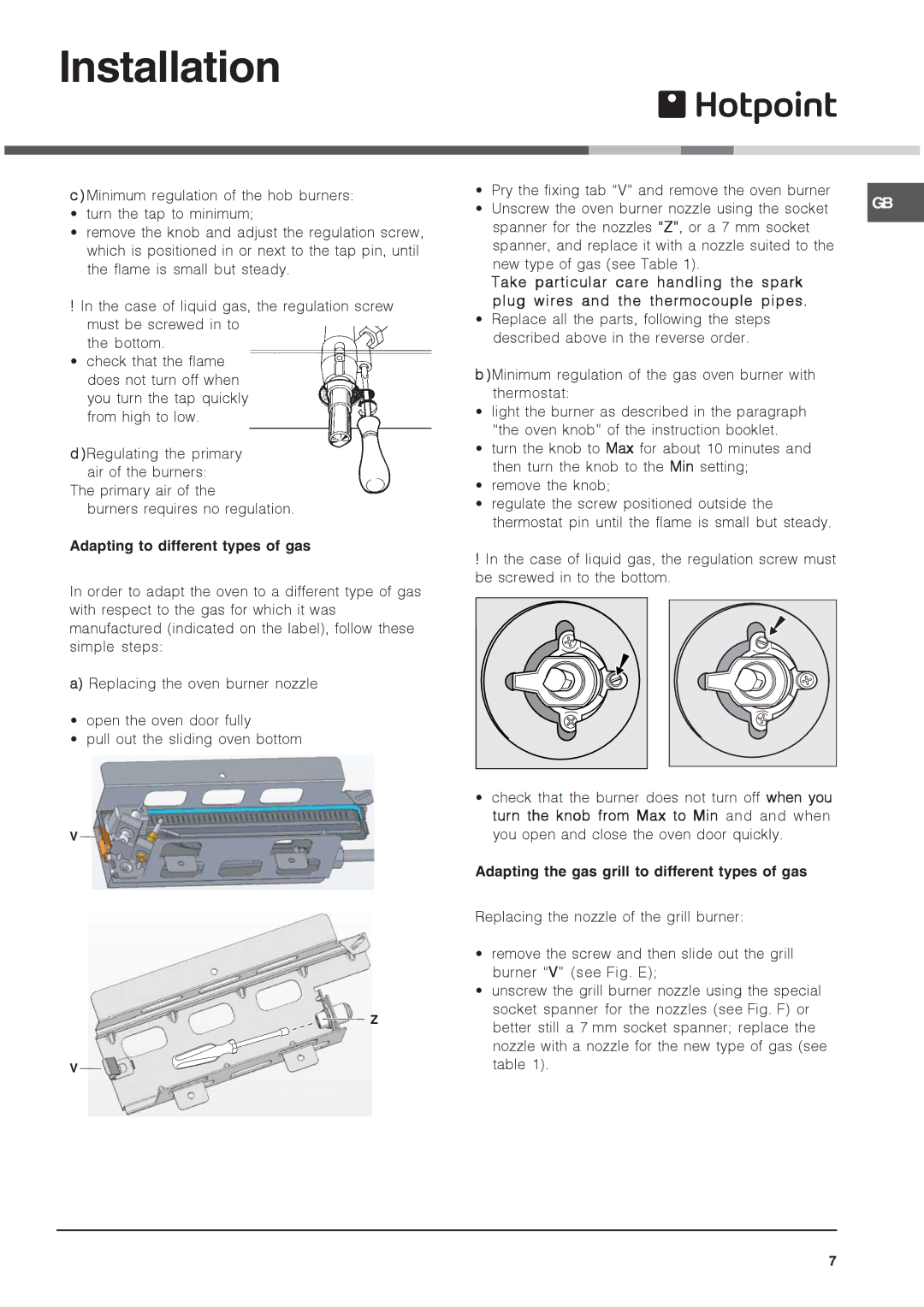 Hotpoint 52TGW Adapting to different types of gas, Adapting the gas grill to different types of gas 