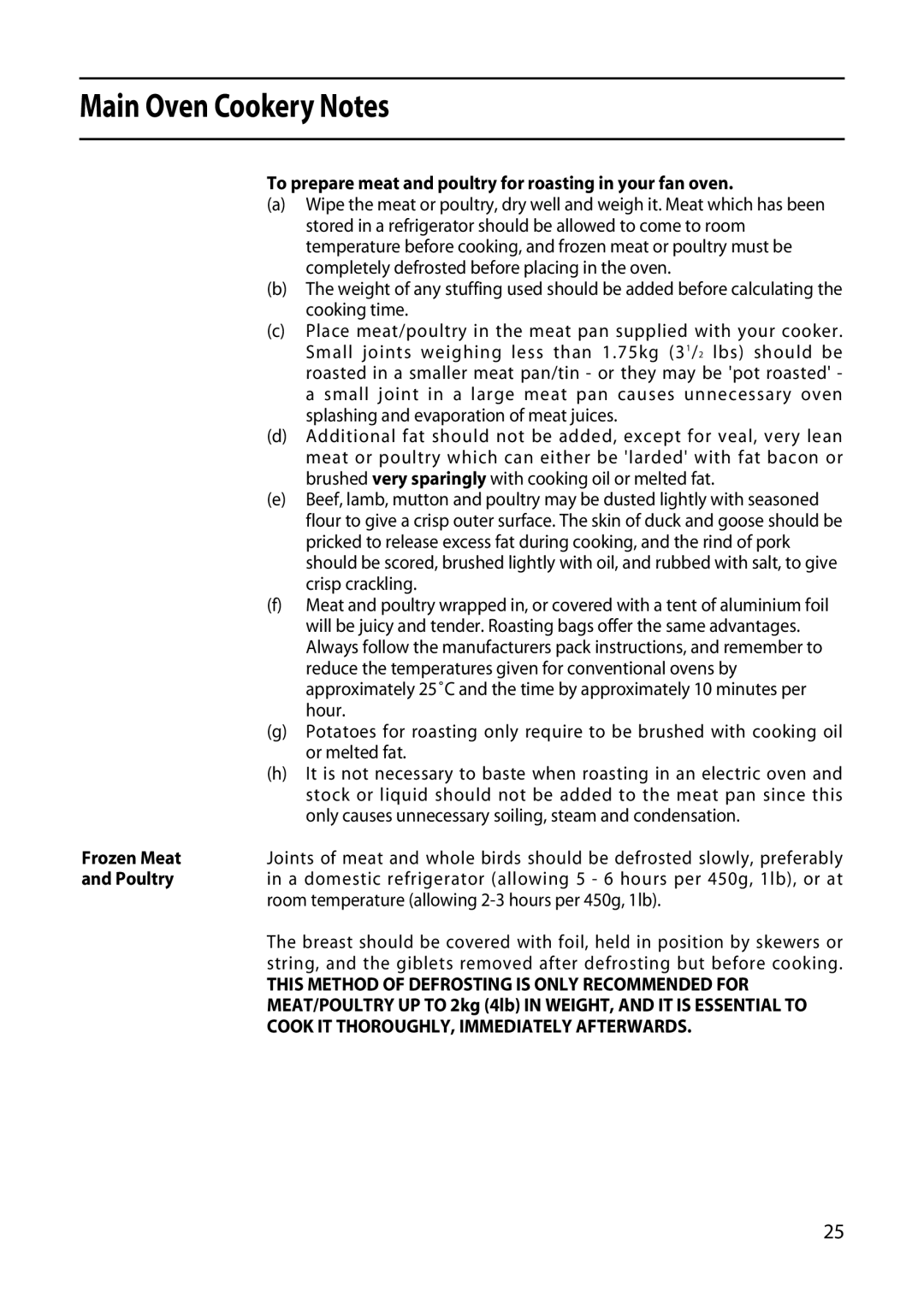 Hotpoint 5TCC manual To prepare meat and poultry for roasting in your fan oven, Frozen Meat 