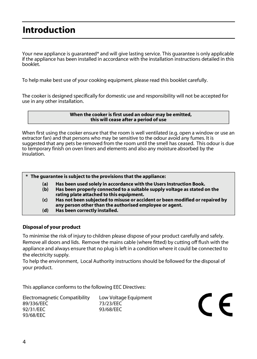 Hotpoint 5TCC manual Introduction, Disposal of your product, 89/336/EEC 73/23/EEC 92/31/EEC 93/68/EEC 