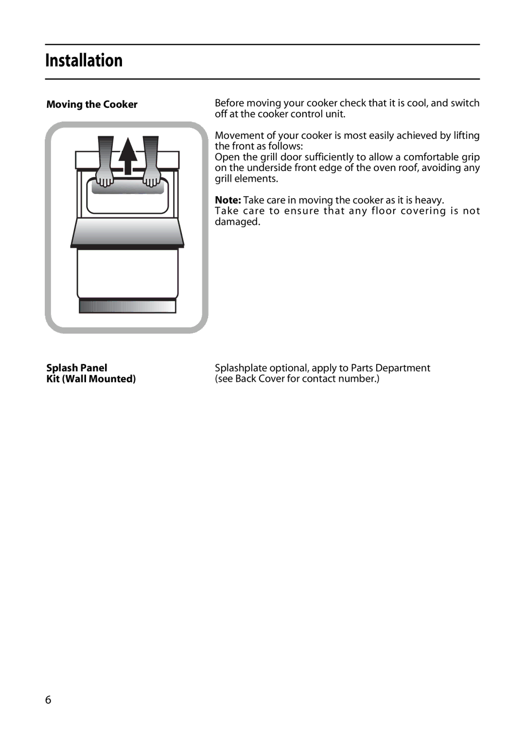 Hotpoint 5TCC manual Moving the Cooker Splash Panel Kit Wall Mounted 