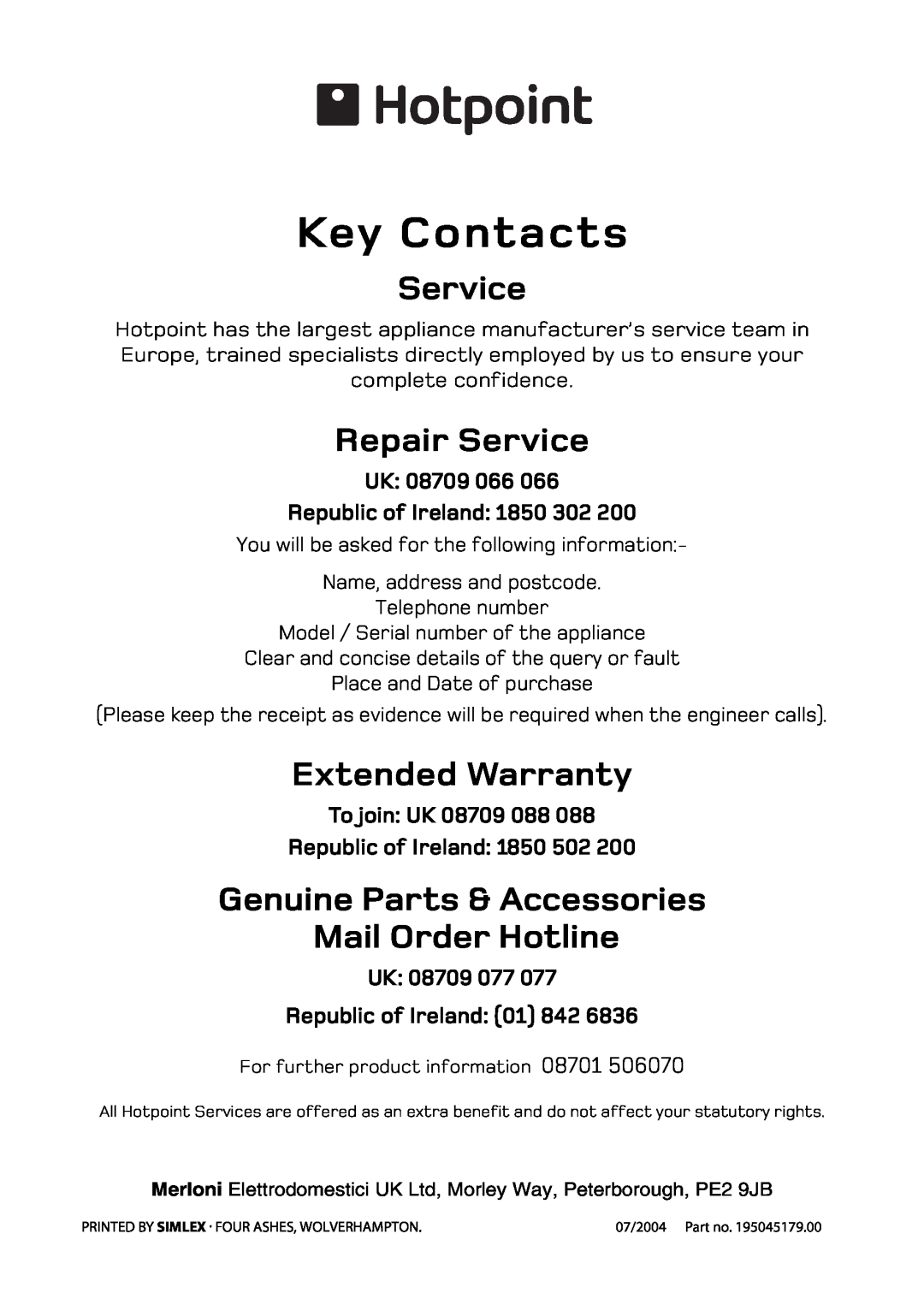 Hotpoint 5TCC manual Repair Service, Extended Warranty, Genuine Parts & Accessories Mail Order Hotline, To join UK 