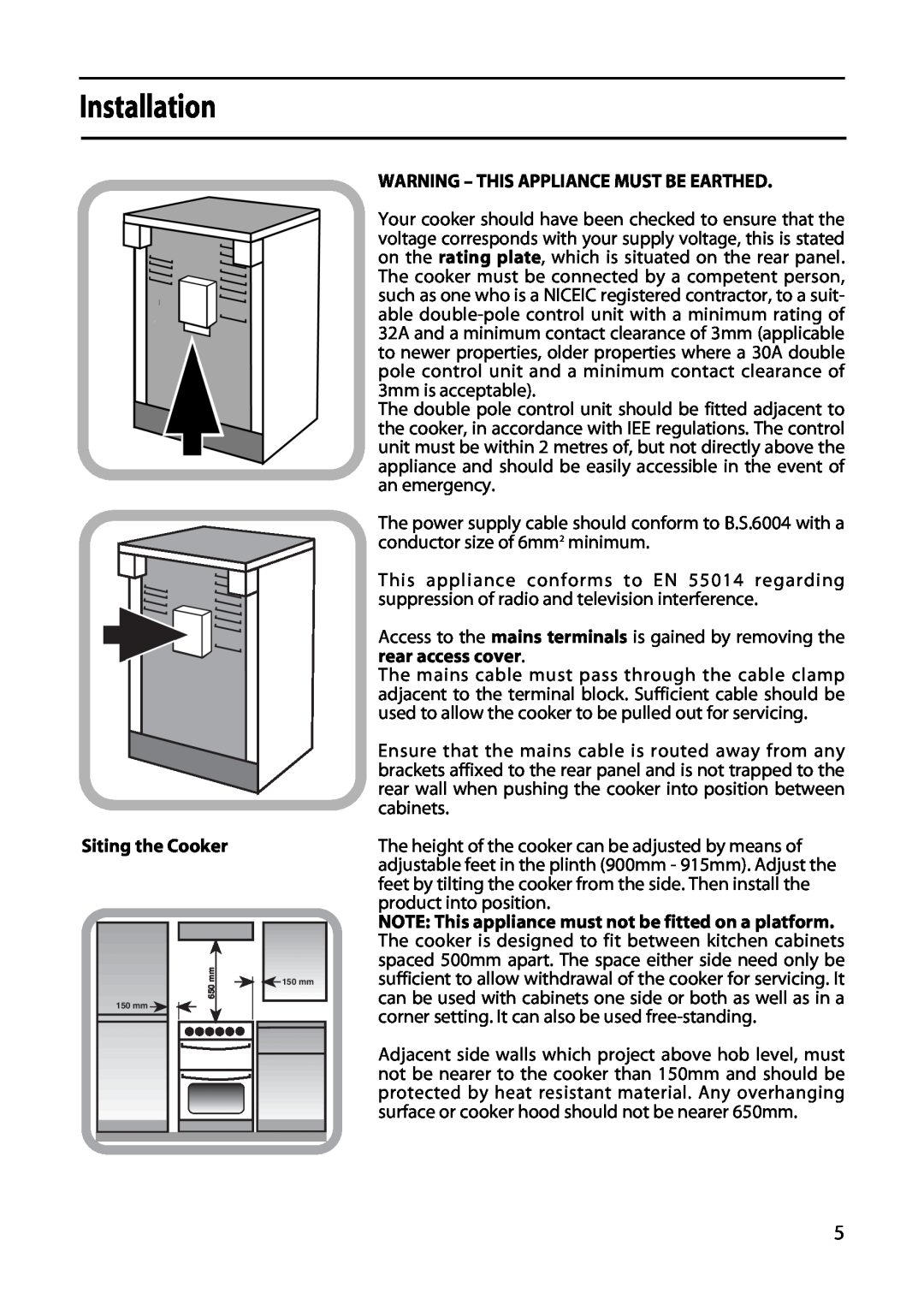 Hotpoint 5TCC manual Installation, Siting the Cooker, Warning - This Appliance Must Be Earthed 