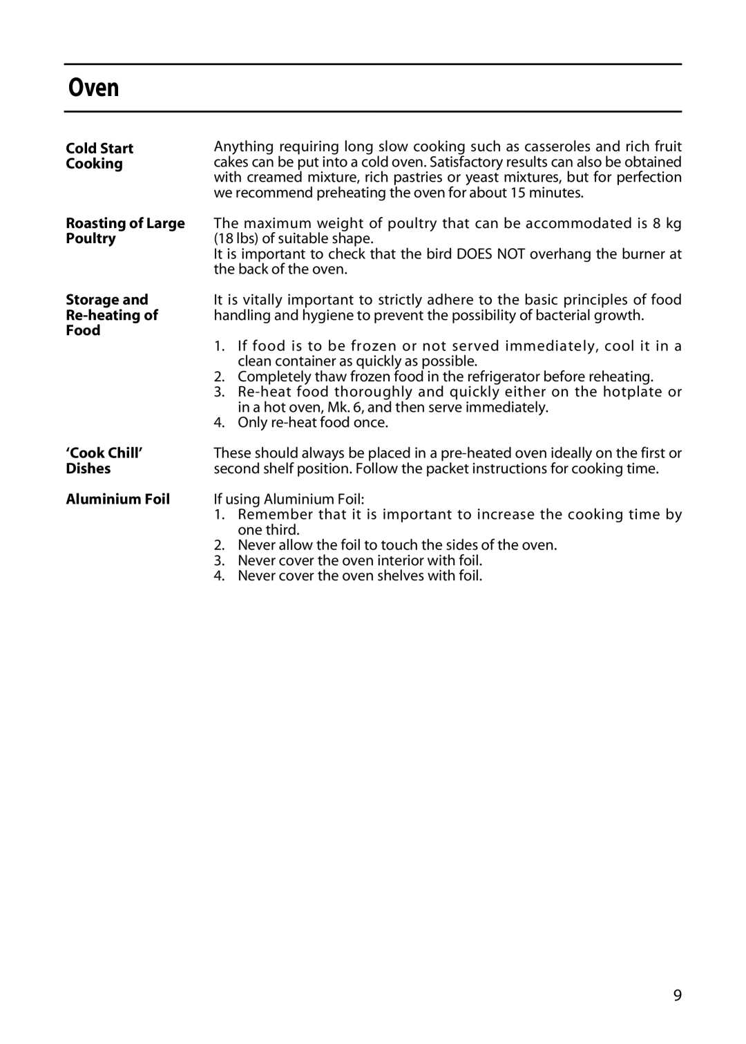 Hotpoint 5TCG manual Cold Start Cooking, Roasting of Large, Poultry, Storage, Re-heating, Food, ‘Cook Chill’, Dishes 