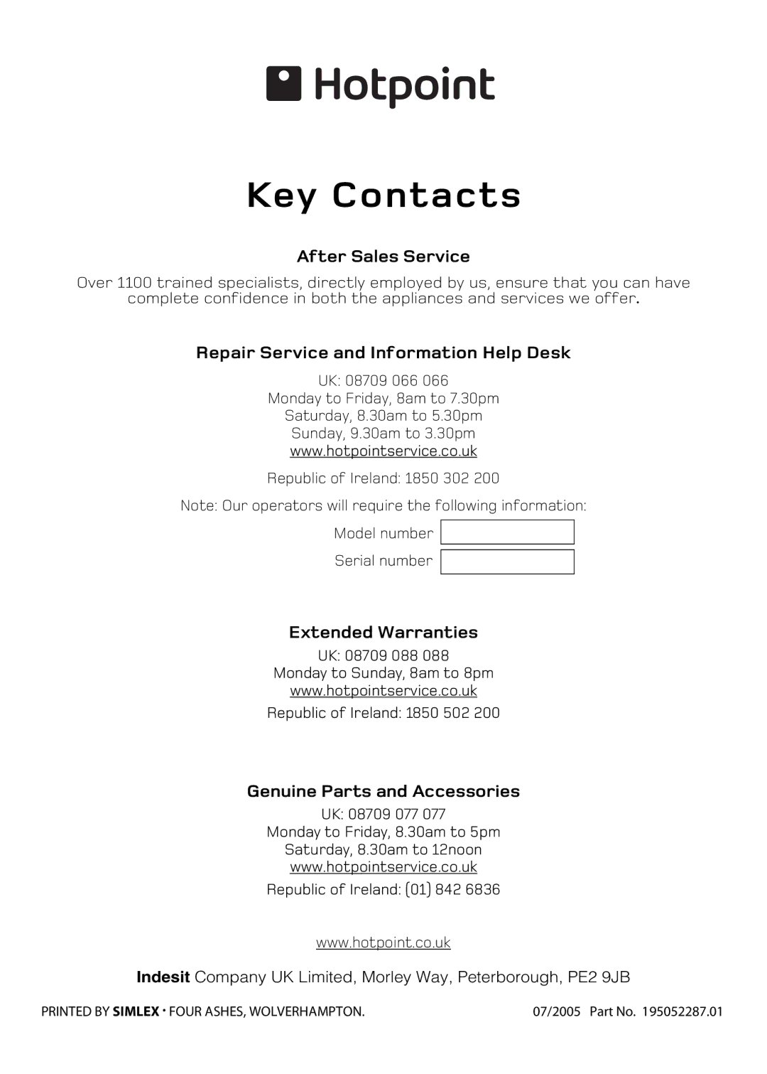 Hotpoint 5TCG manual Key Contacts 