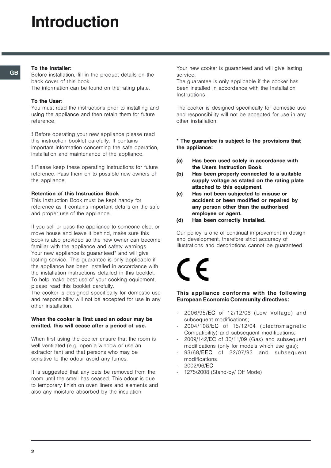 Hotpoint 62DGW installation instructions Introduction 