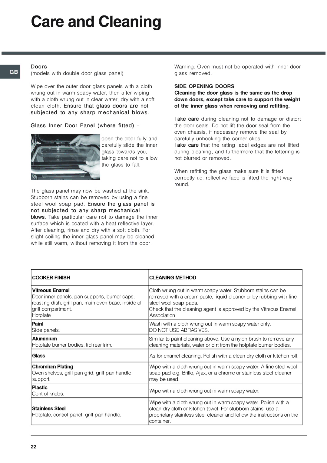 Hotpoint 62DGW installation instructions Side Opening Doors, Cooker Finish Cleaning Method 