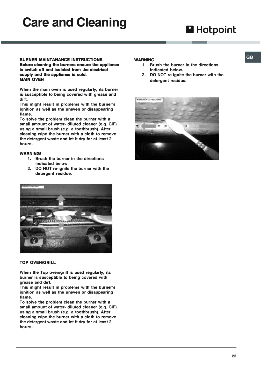 Hotpoint 62DGW installation instructions Burner Maintanance Instructions, Main Oven, Top Oven/Grill 