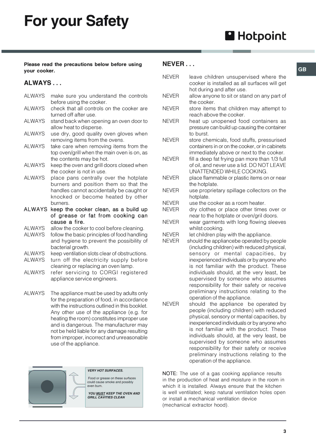 Hotpoint 62DGW installation instructions For your Safety, Always, Never 