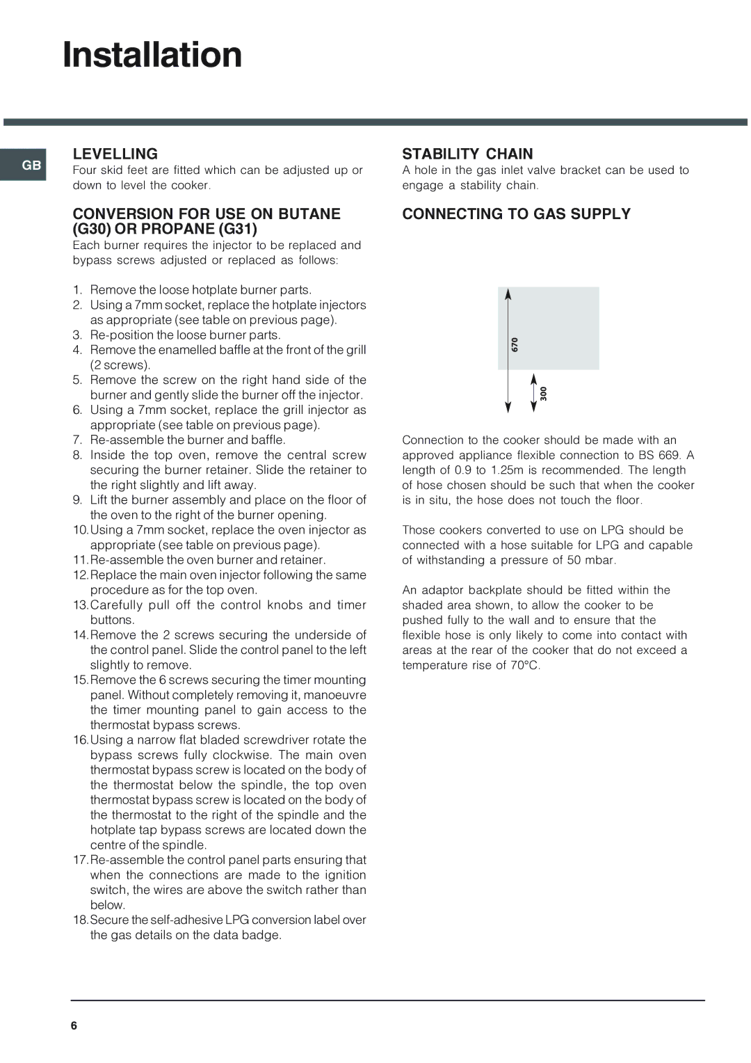 Hotpoint 62DGW Levelling, Conversion for USE on Butane, G30 or Propane G31, Stability Chain, Connecting to GAS Supply 